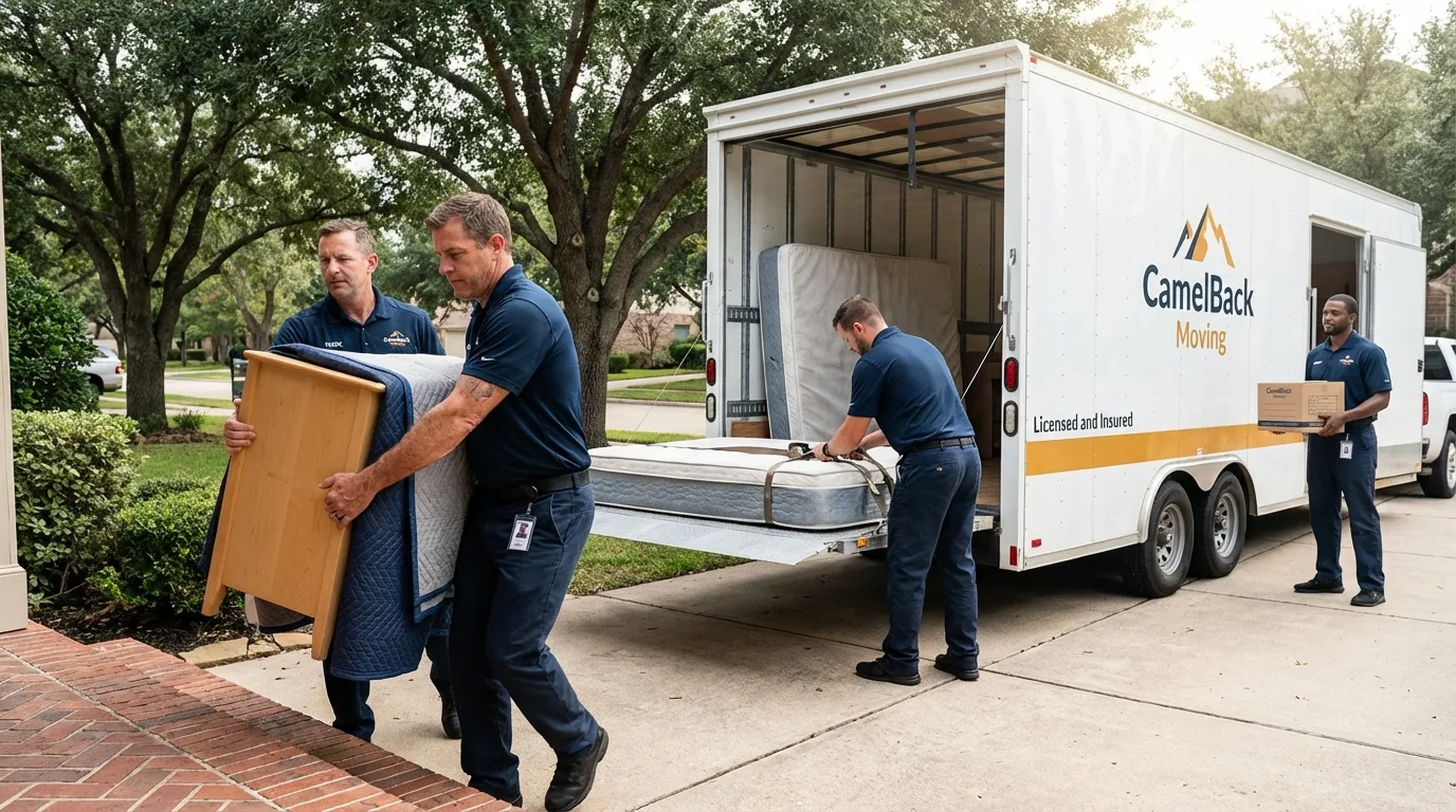 Crew loading residential truck for cross-state move from Dakota City, NE