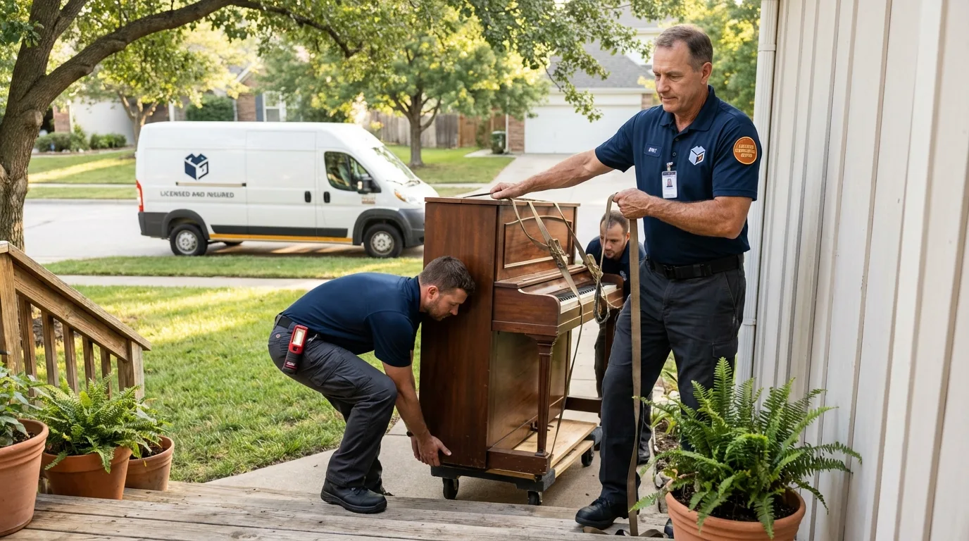 Licensed piano movers securing grand piano in Dakota City, NE