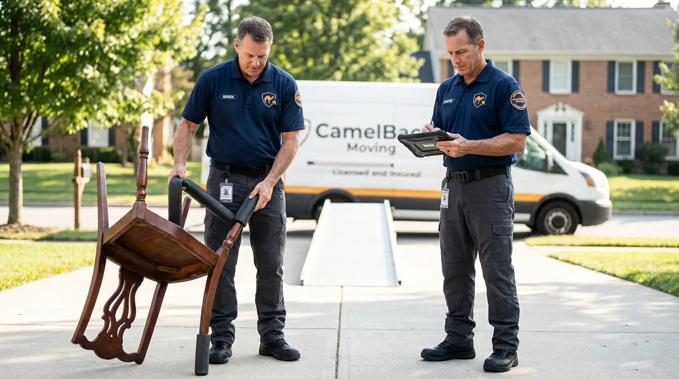 Movers inspecting furniture for damage prevention before loading in Dakota City, NE