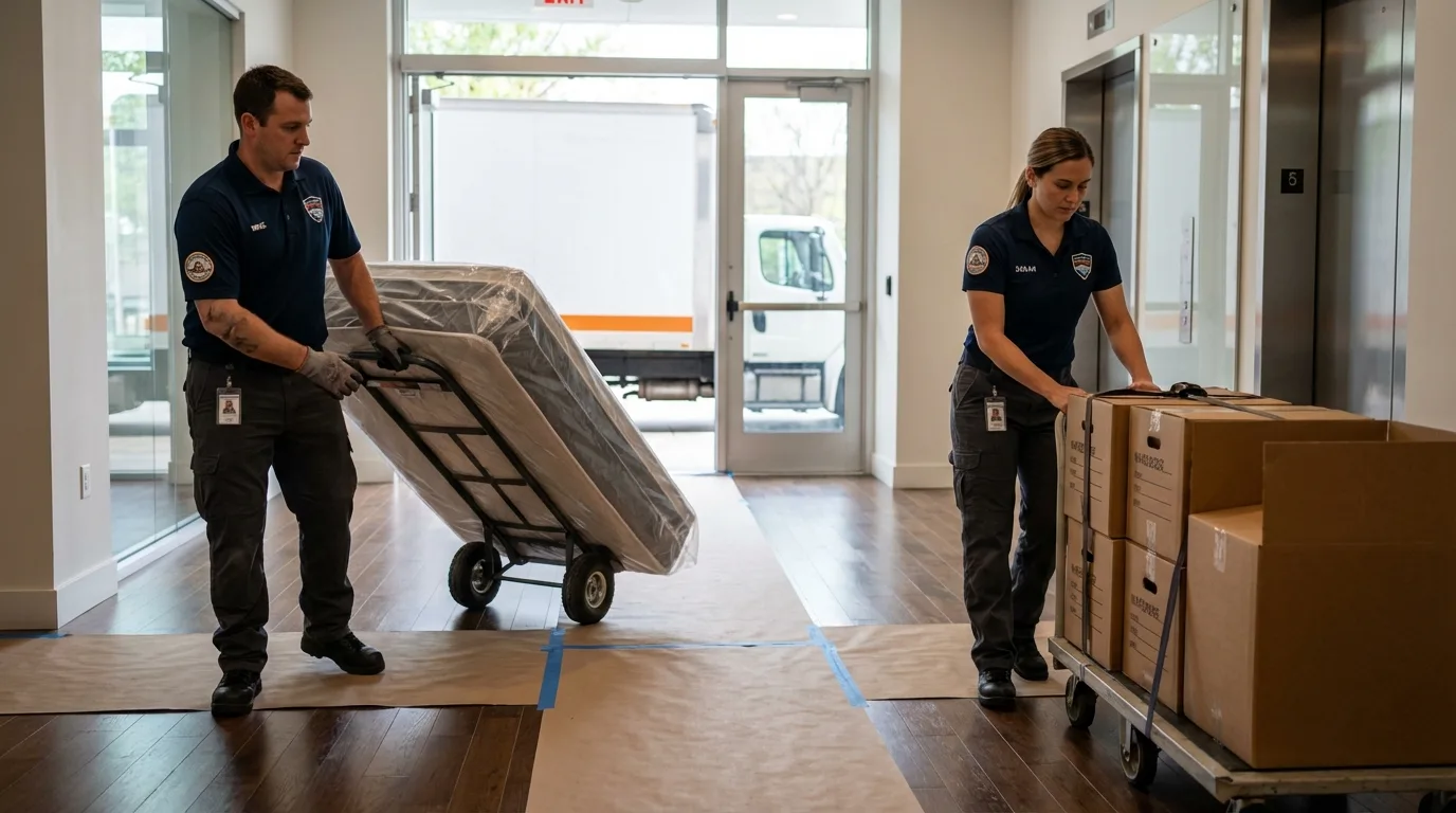 Professional apartment movers loading elevator in Dakota City, NE