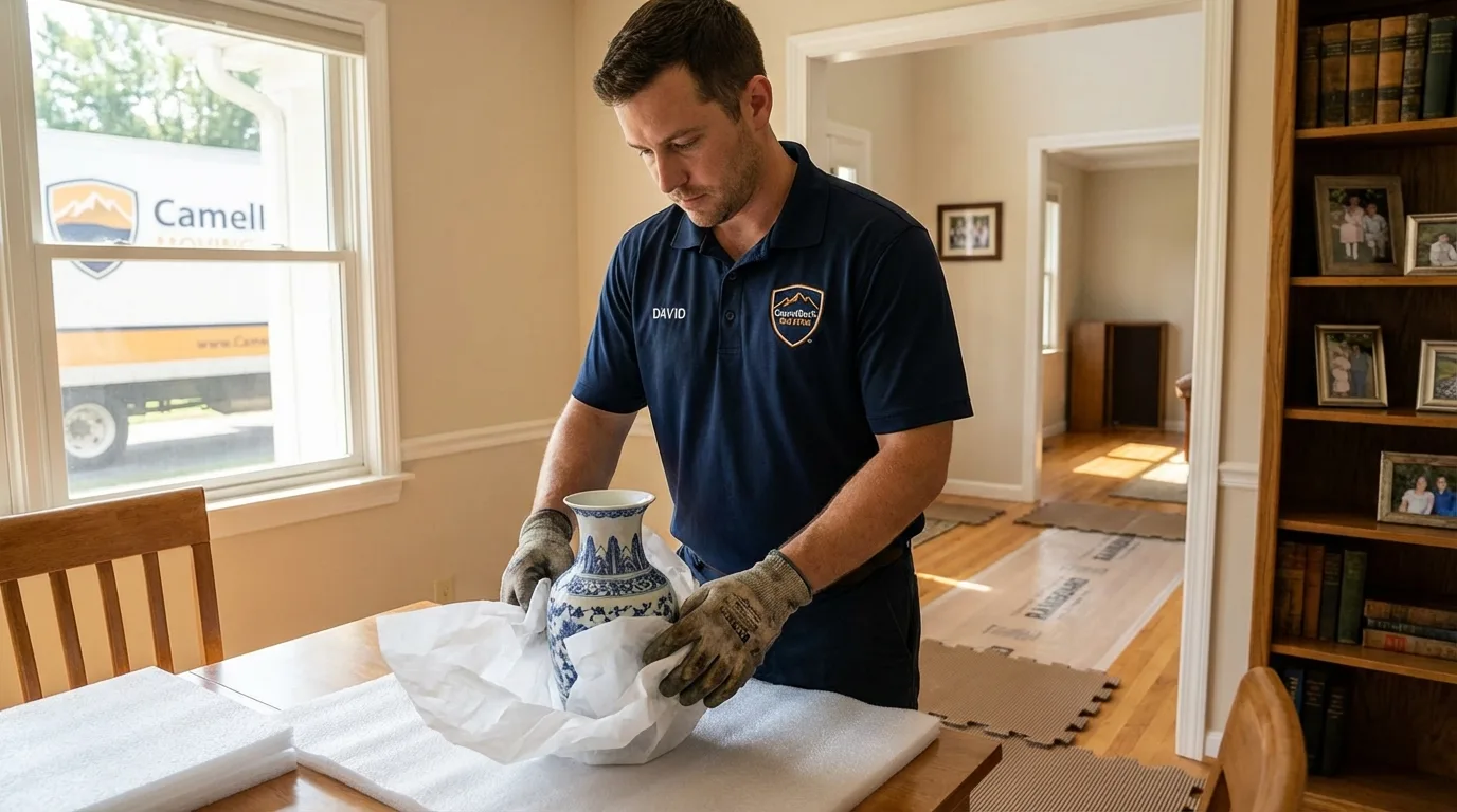 Professional crew carefully wrapping antique vase for senior downsizing move in Dakota City, NE